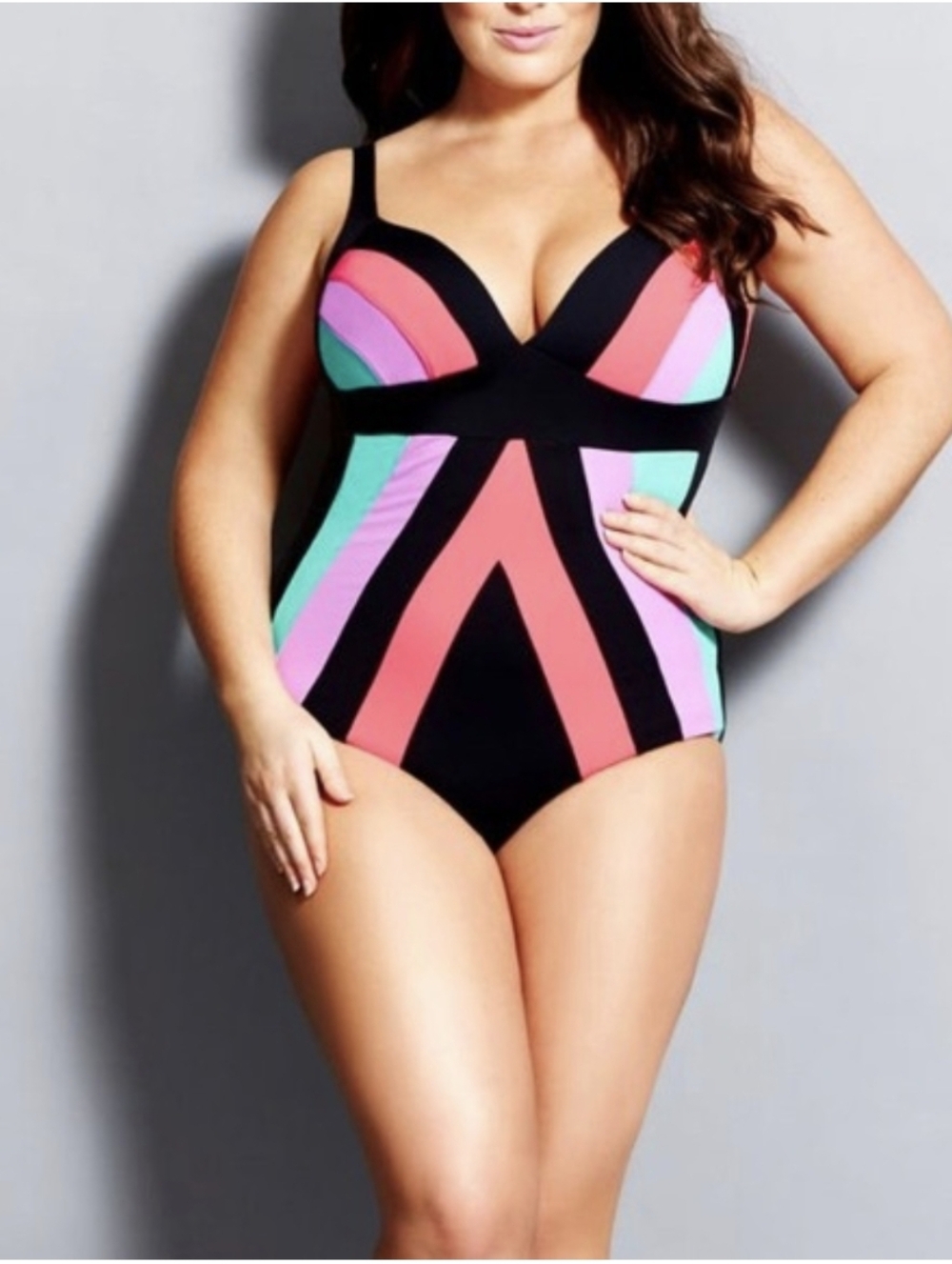 City Chic Black One-Piece Swimsuit with Coral, Mint & Lilac Panels